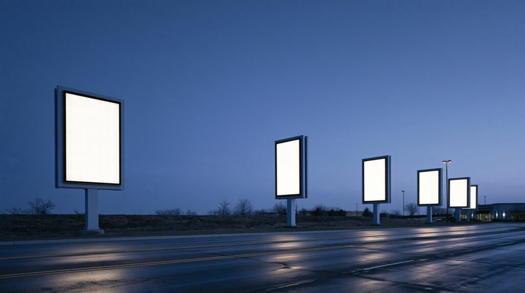 A row of five identical illuminated roadside signs at blue hour, every sign face blank