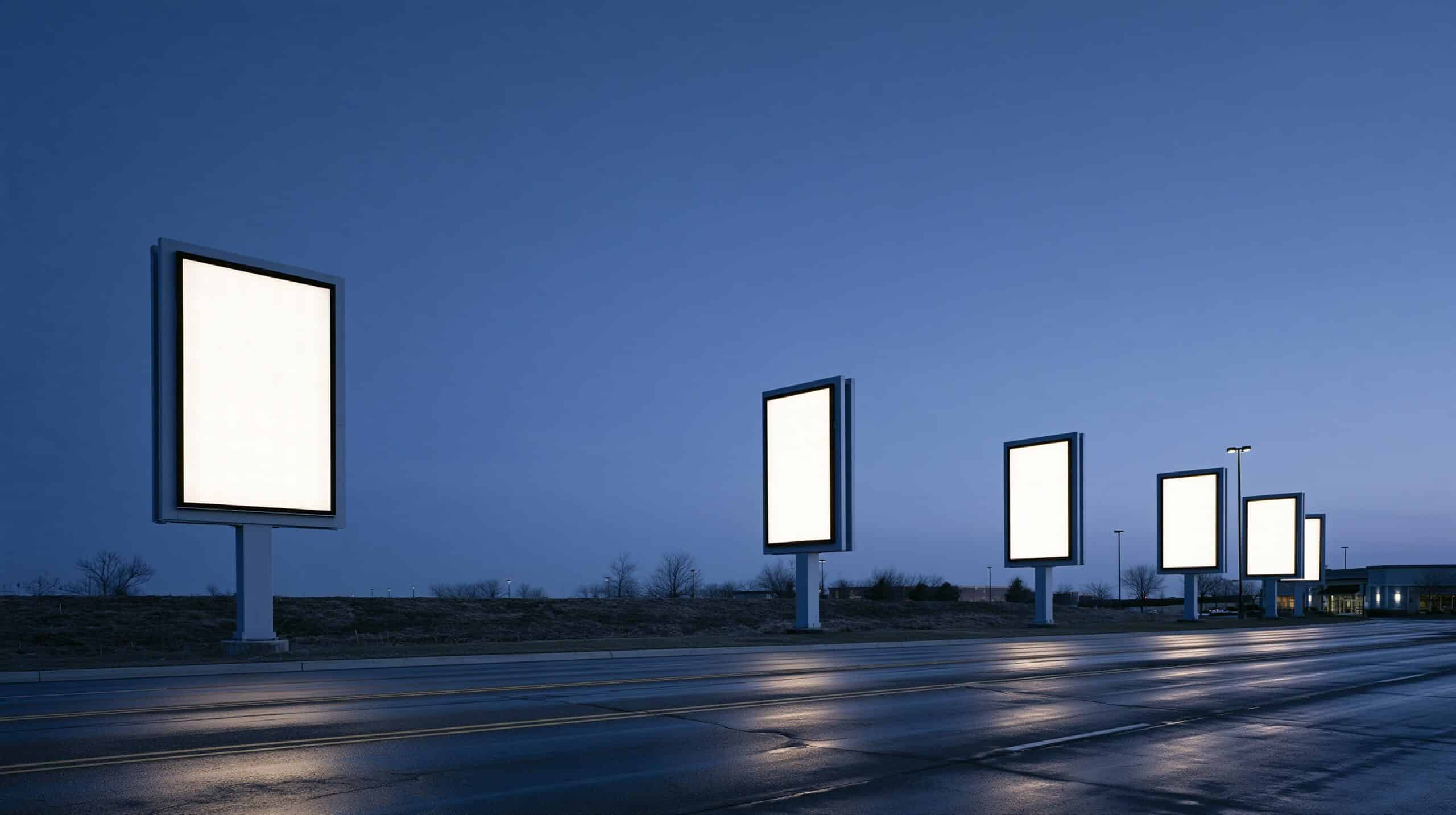 A row of five identical illuminated roadside signs at blue hour, every sign face blank